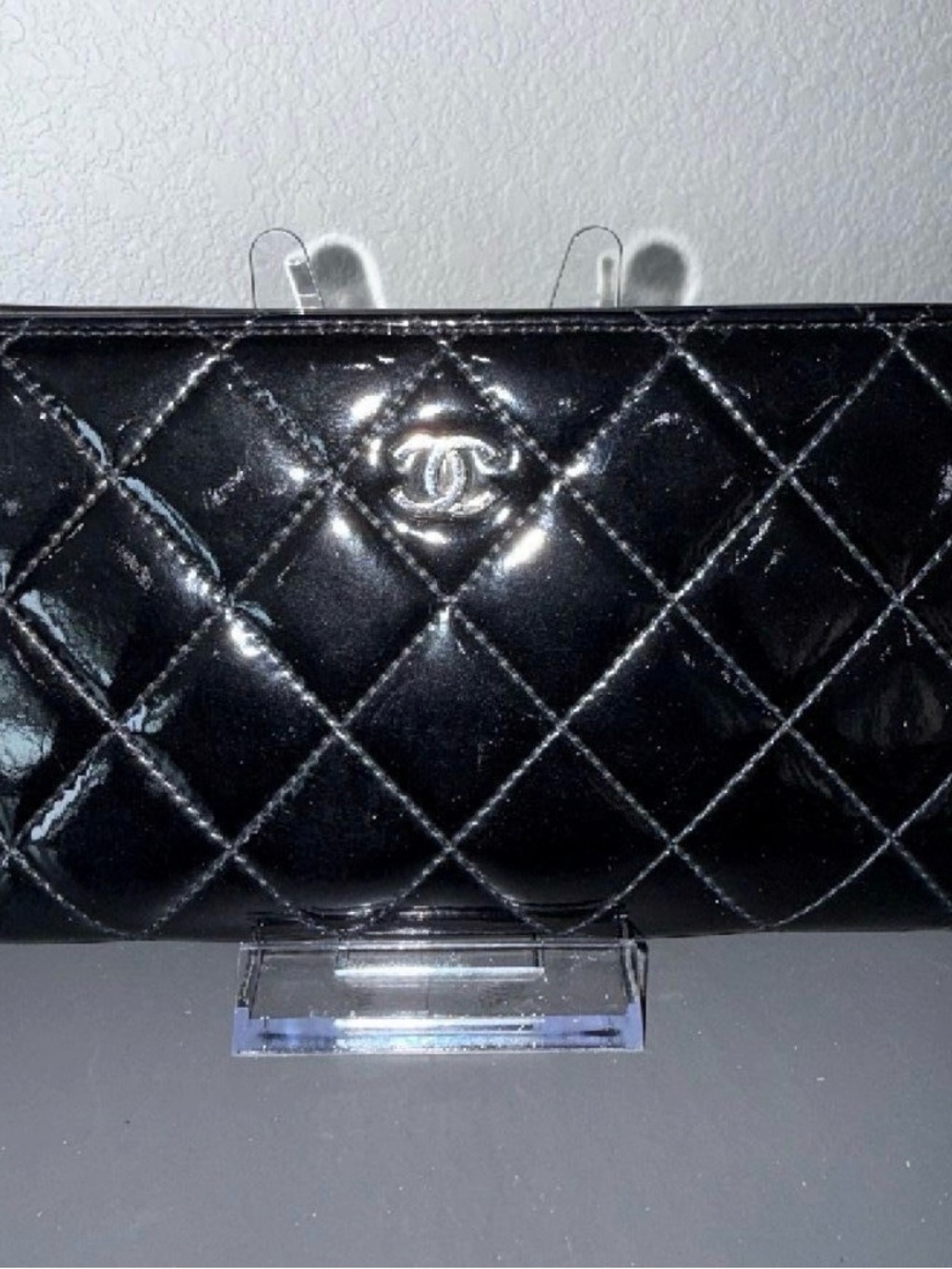 CHANEL Black Quilted Patent Leather Wallet with Silver CC